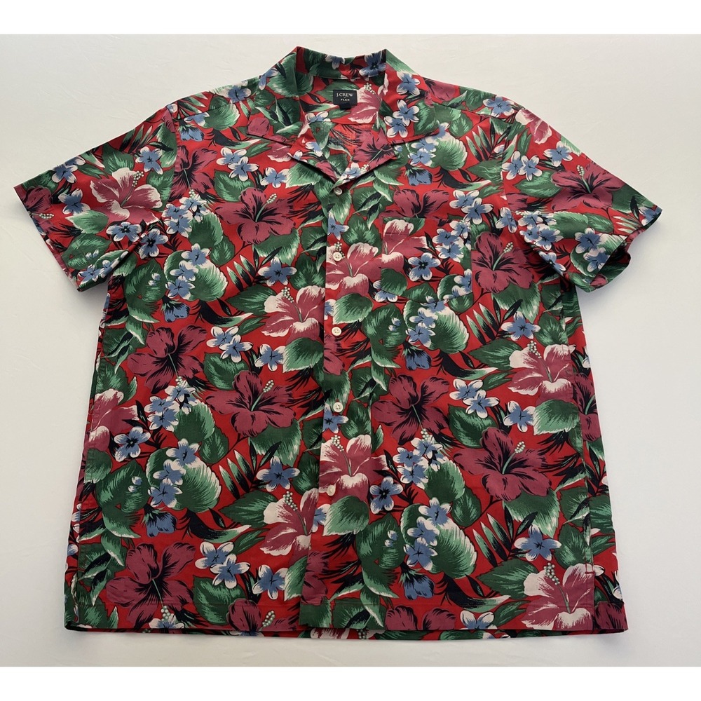 J Crew Flex Mens Shirt Medium Red Hawaiian Floral Button Down L6641 Short Sleeve